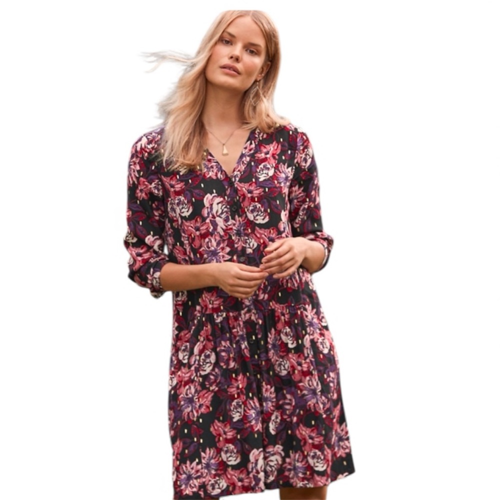 Garnet Hill Purple‎ Floral Dropwaist Button-Up Crepe   Size 18